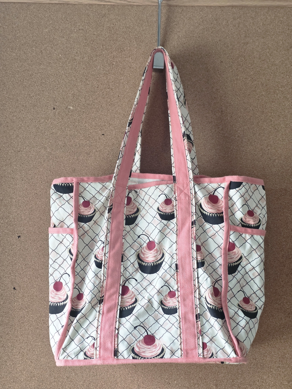 Jessie Steele Cupcake Print Tote Bag Pink Trim Cotton Kitchen Retro Cute 13x13x7